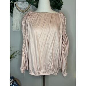Loft Pink Metallic Ruched Sleeves Blouse sz S
